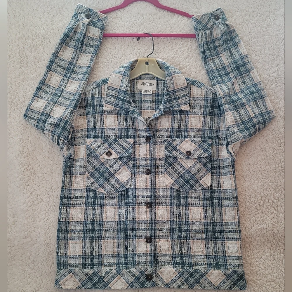 Boston Traders SZ-M Plaid Flannel Shirt+Jacket=Shacket Teal Cream MINT CONDITION